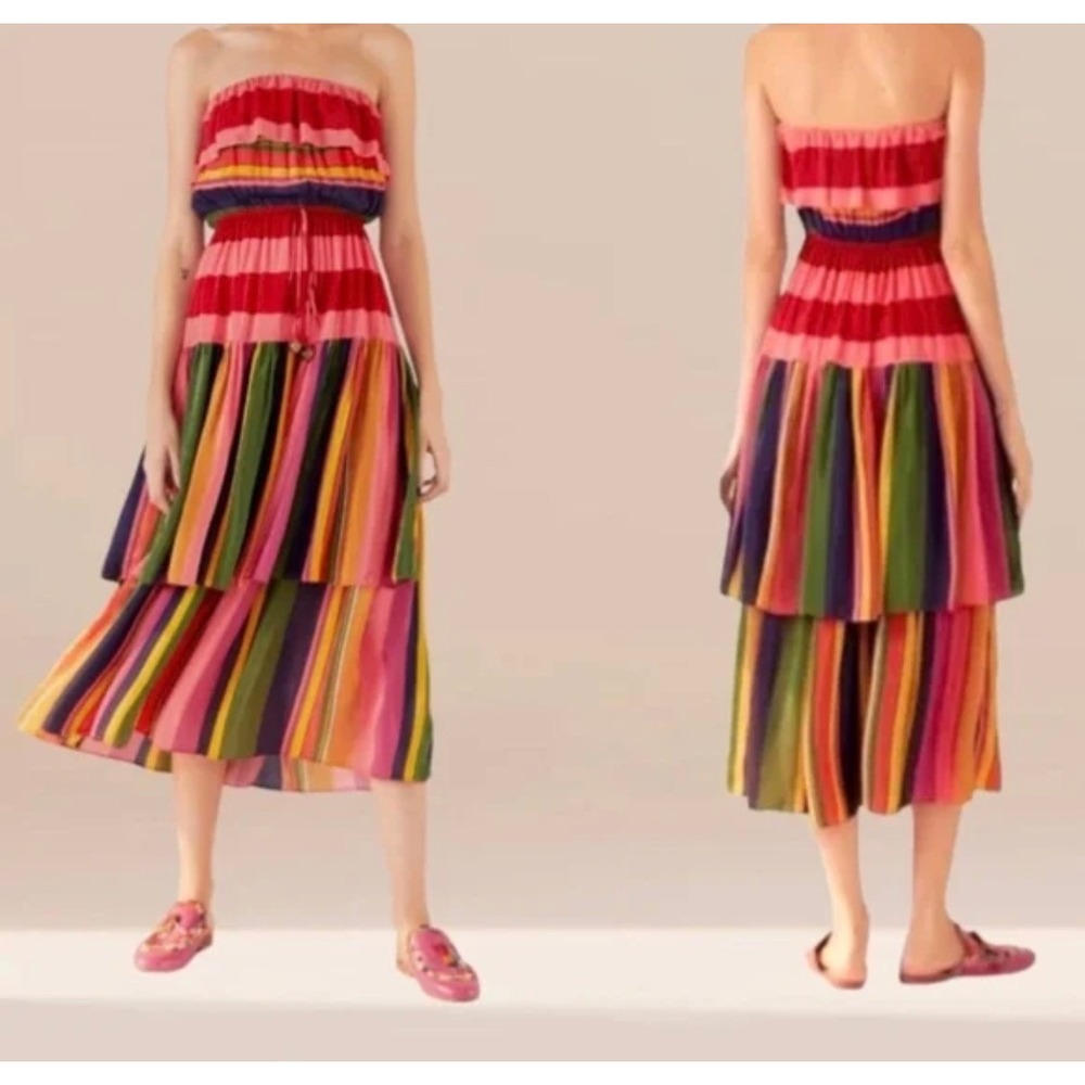 Farm Rio Strapless Maxi Dress S Multi Mixed Stripes Tiered Ruffle Boho‎